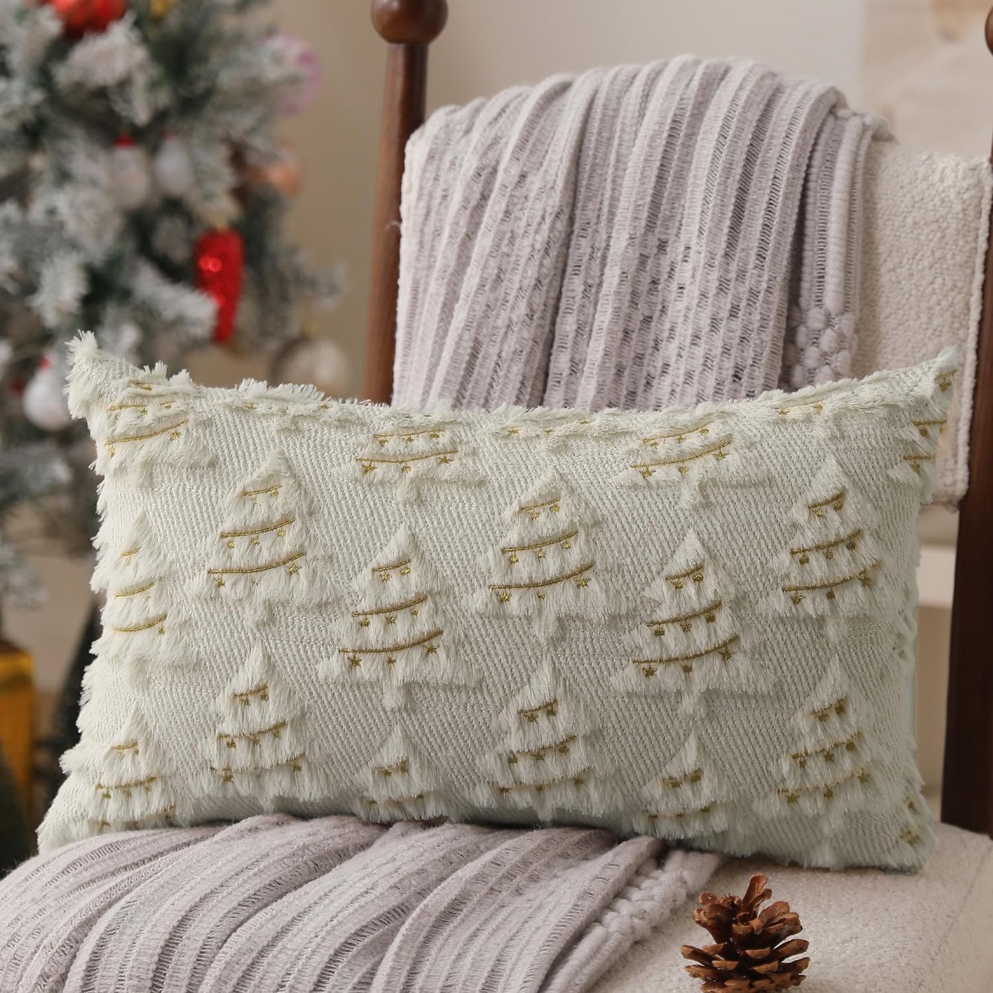 Christmas Tree Embroidered Pillow Cases Set of 2 for Living Room Sofa