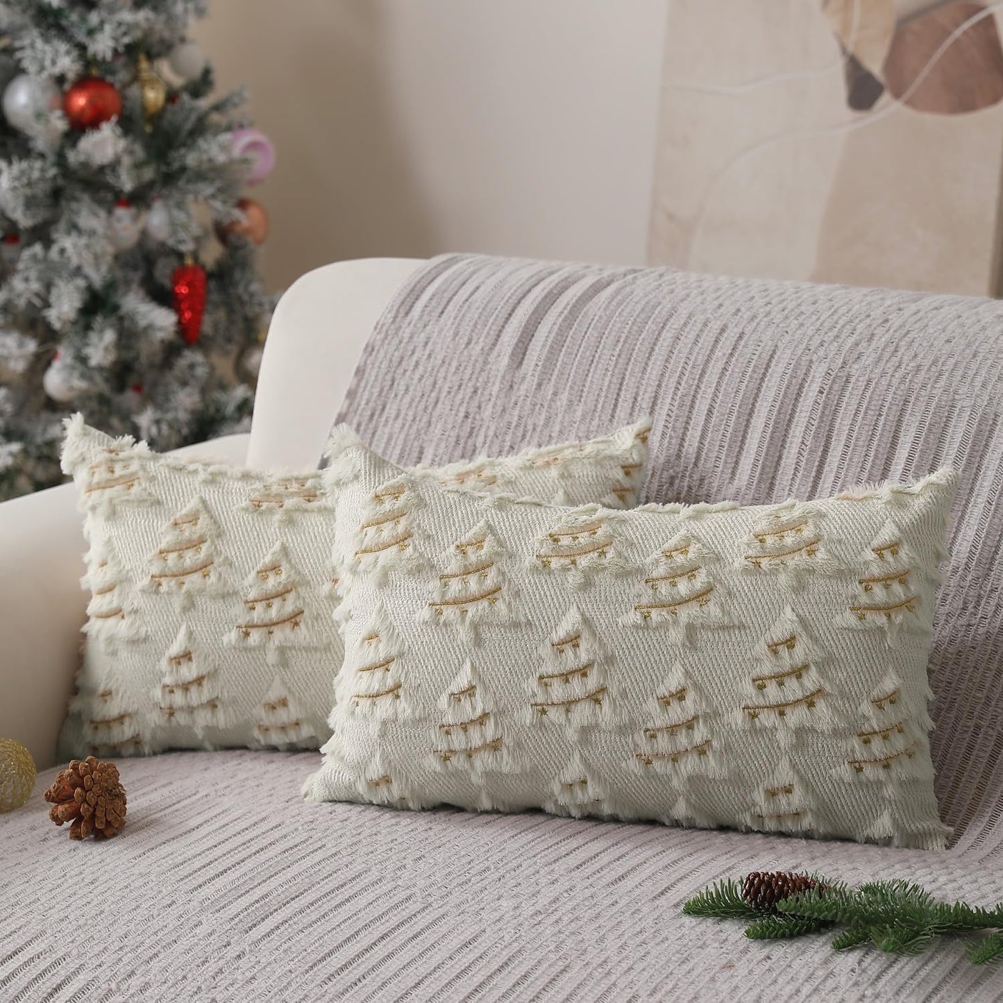 Christmas Tree Embroidered Pillow Cases Set of 2 for Living Room Sofa