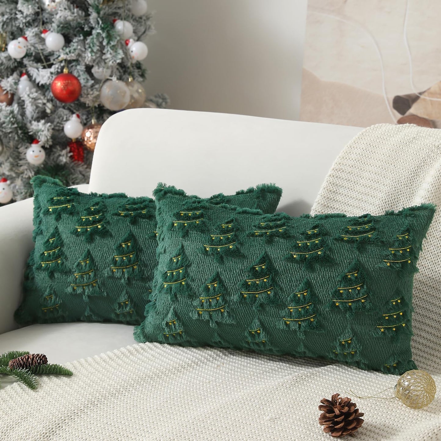 Christmas Tree Embroidered Pillow Cases Set of 2 for Living Room Sofa