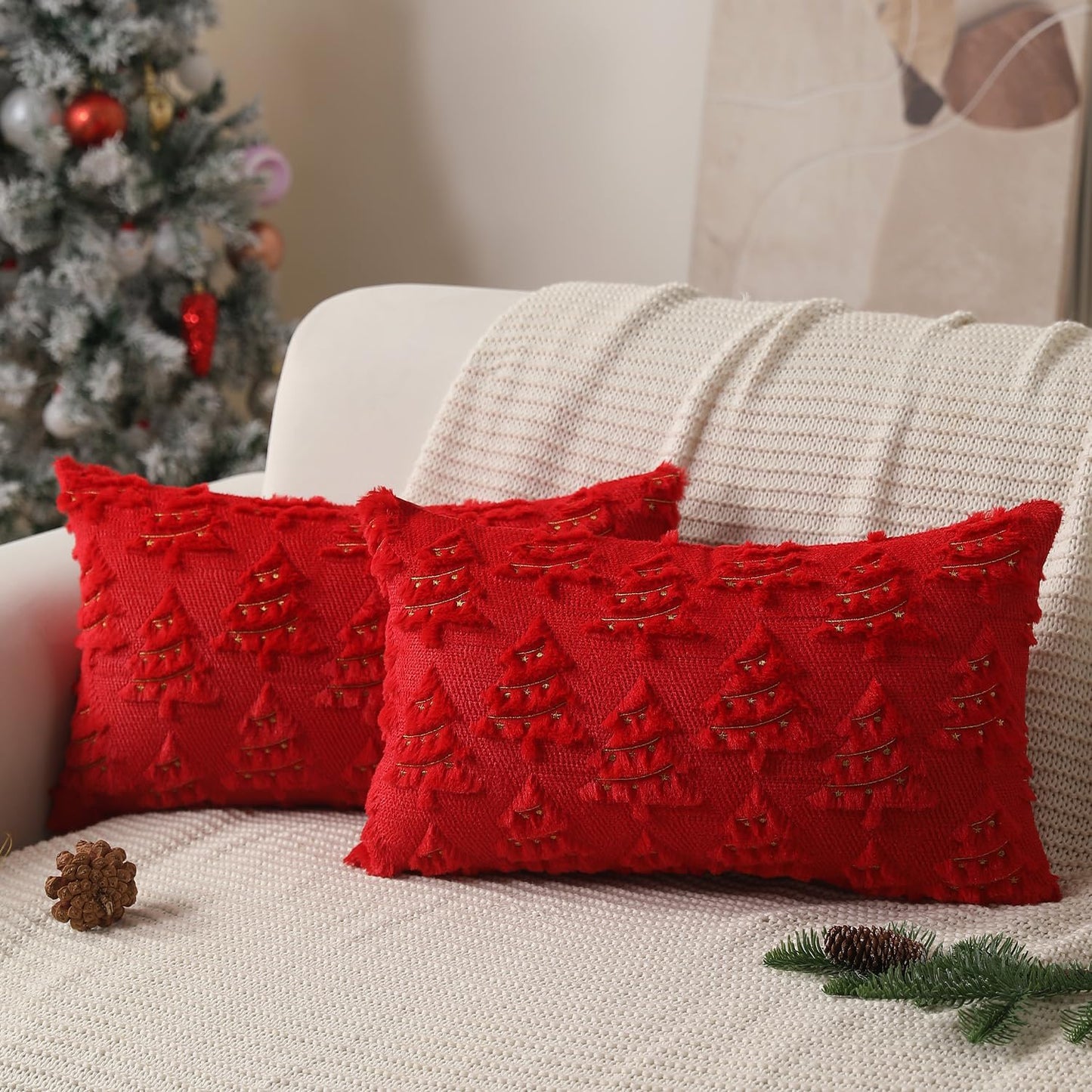 Christmas Tree Embroidered Pillow Cases Set of 2 for Living Room Sofa