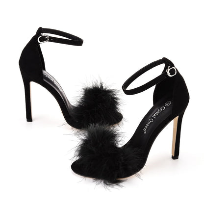 Fluffy Peep Toe Stilettos with Fur Feather