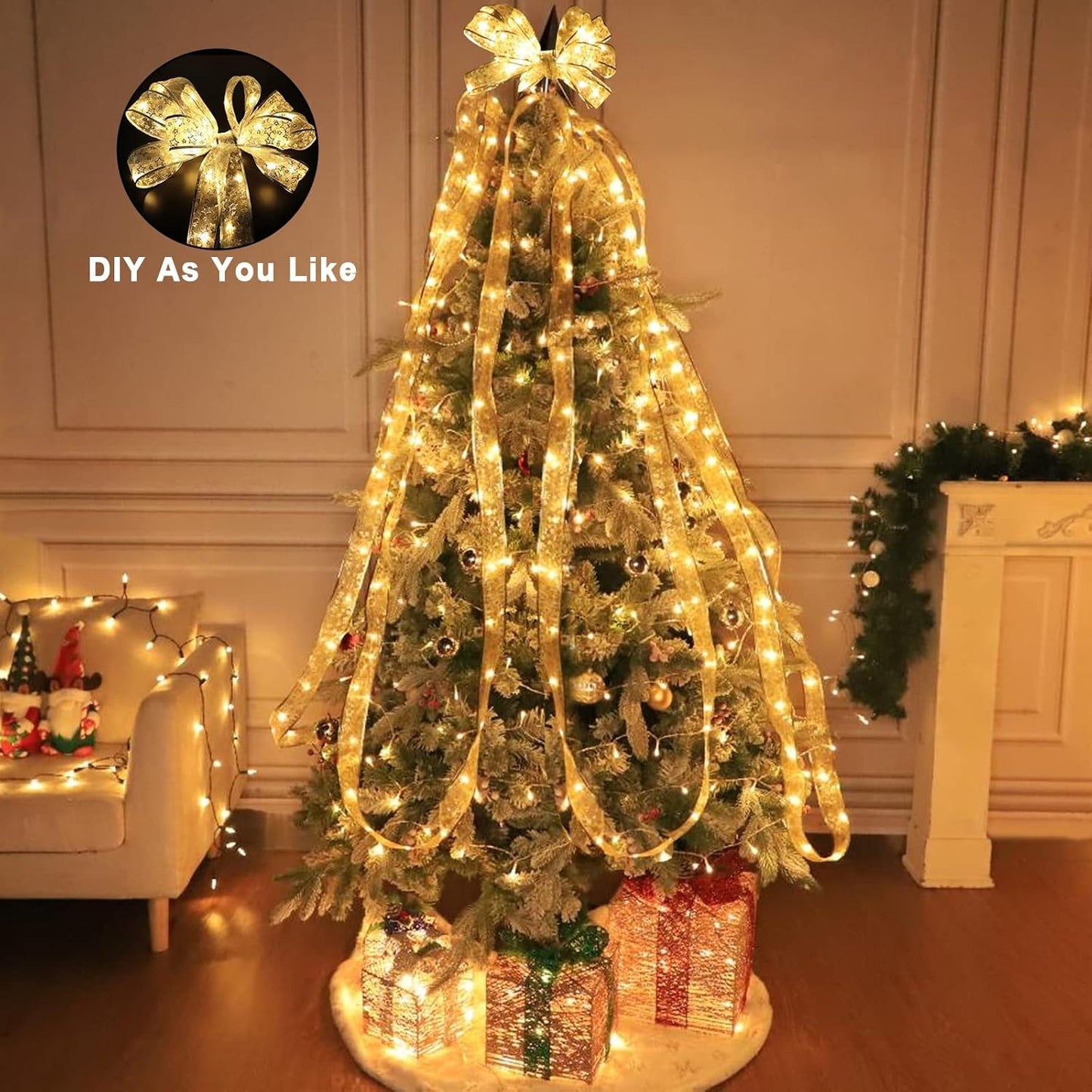 LED Christmas satin double -layer hot gold ribbon strings Christmas tree decoration